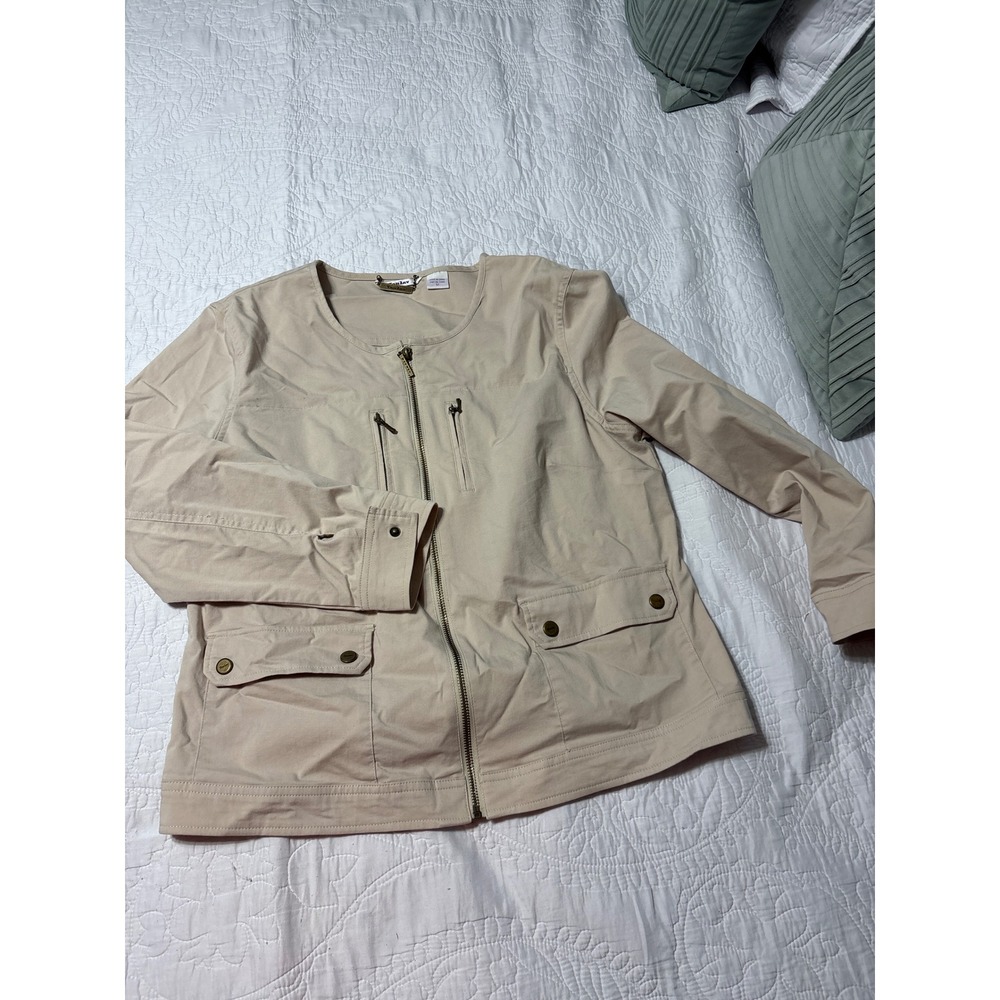 TANJAY Women's Beige Utility Jacket Zipper Pockets Button Cuffs Casual Size 12